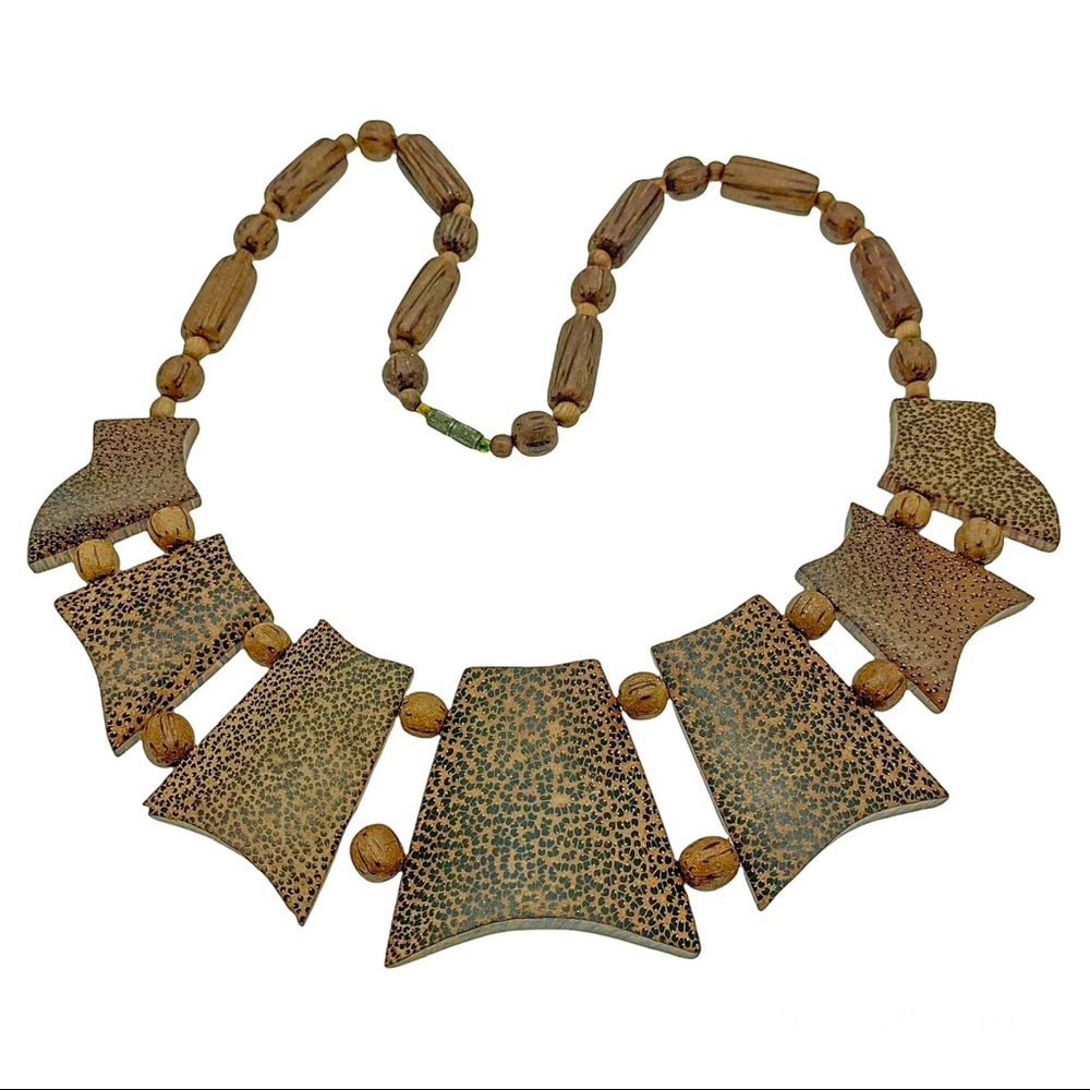 Chunky Wooden Woman Necklace, Vintage Artisan Coconut Palm Wood Bib